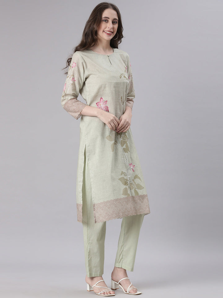 Neerus Green Solid Straight Kurta and Trousers With Dupatta