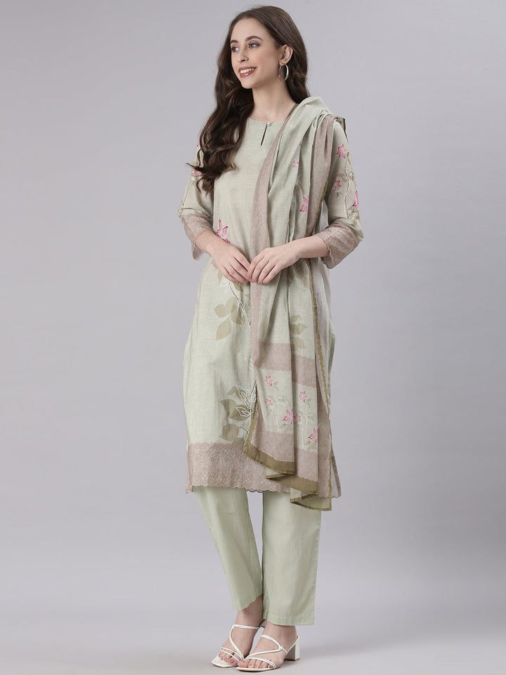 Neerus Green Solid Straight Kurta and Trousers With Dupatta