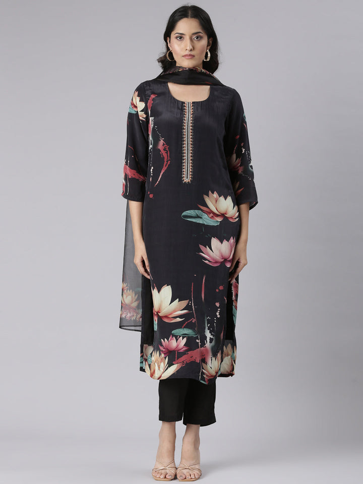 Neerus Black Solid Straight Kurta and Trousers With Dupatta