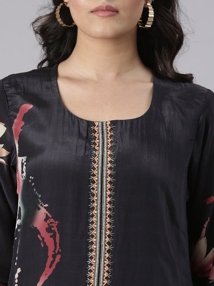 Neerus Black Solid Straight Kurta and Trousers With Dupatta