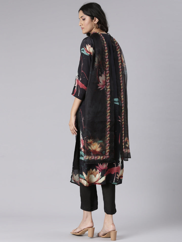 Neerus Black Solid Straight Kurta and Trousers With Dupatta