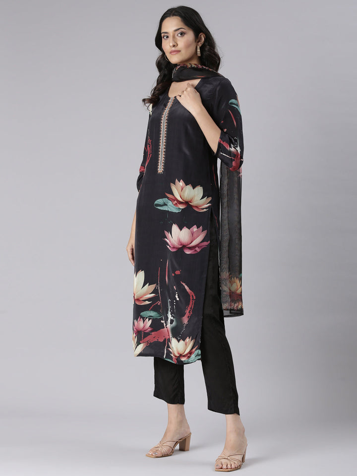 Neerus Black Solid Straight Kurta and Trousers With Dupatta
