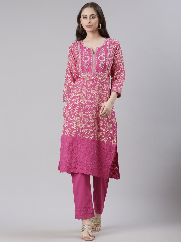 Neerus Magenta Printed Straight Kurta and Trousers