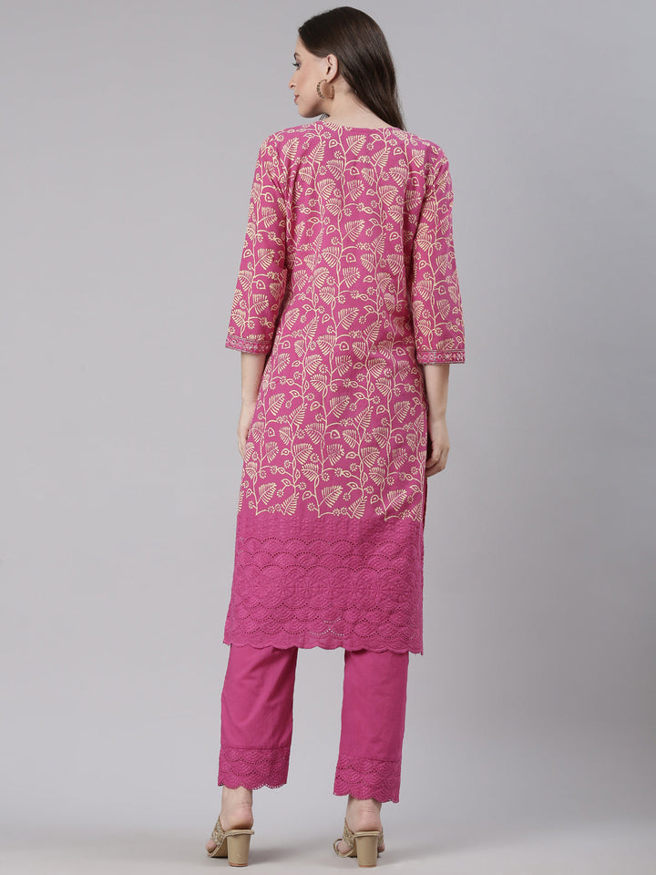 Neerus Magenta Printed Straight Kurta and Trousers
