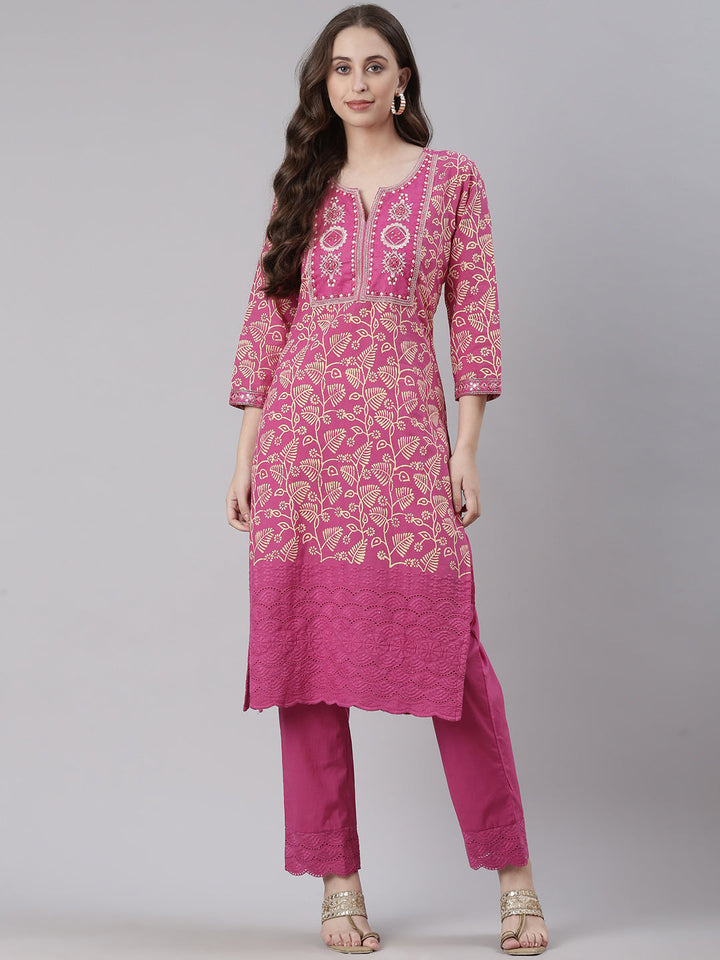 Neerus Magenta Printed Straight Kurta and Trousers