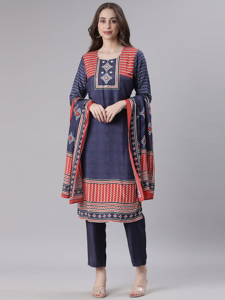 Neerus Navy Blue Printed Straight Kurta and Trousers With Dupatta