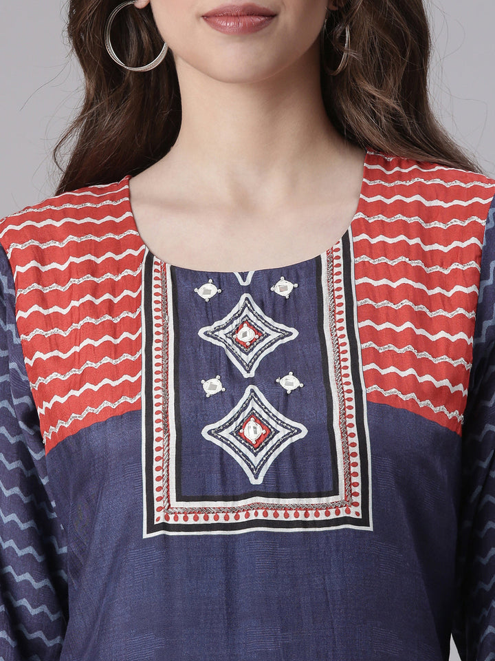 Neerus Navy Blue Printed Straight Kurta and Trousers With Dupatta
