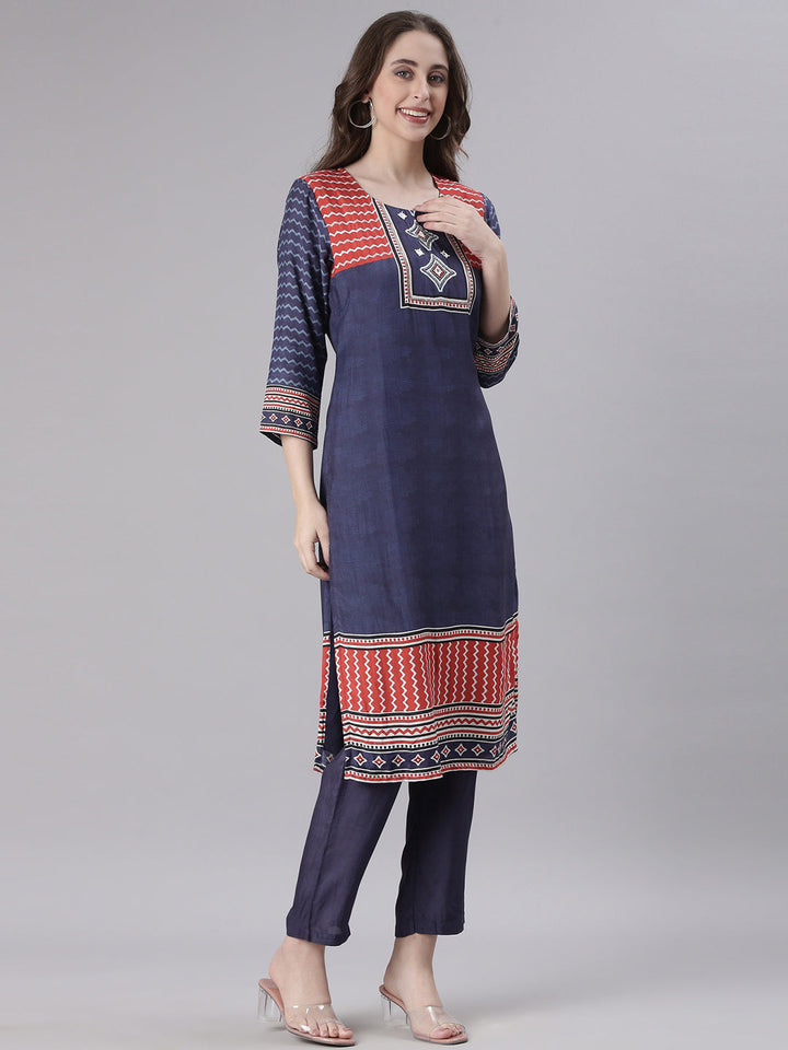 Neerus Navy Blue Printed Straight Kurta and Trousers With Dupatta