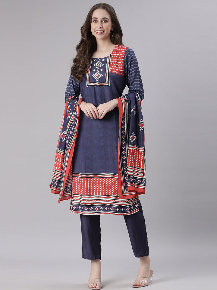 Neerus Navy Blue Printed Straight Kurta and Trousers With Dupatta