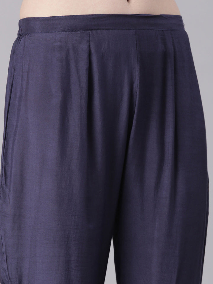 Neerus Navy Blue Printed Straight Kurta and Trousers With Dupatta