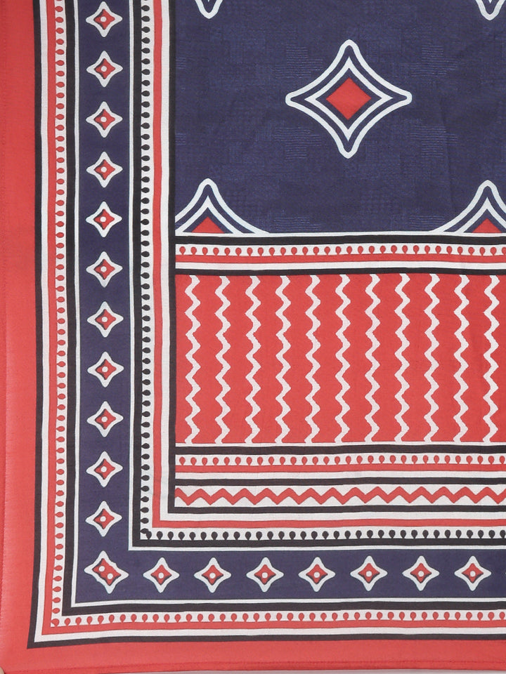 Neerus Navy Blue Printed Straight Kurta and Trousers With Dupatta