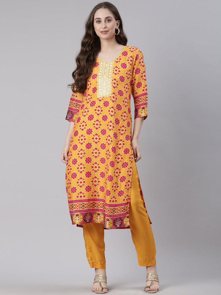 Neerus Mustard Printed Straight Kurta and Trousers