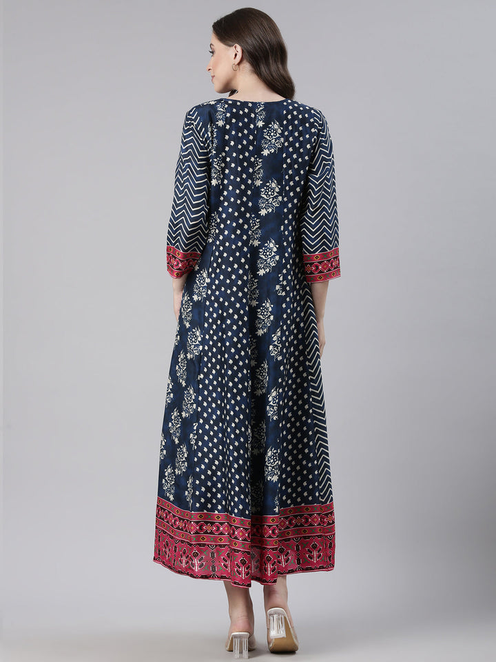 Neerus Blue Casual Floral Maxi Dresses