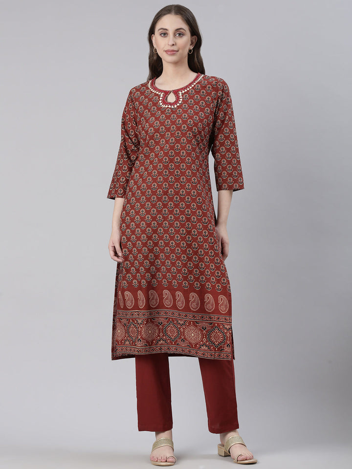 Neerus Maroon Printed Straight Kurta and Trousers
