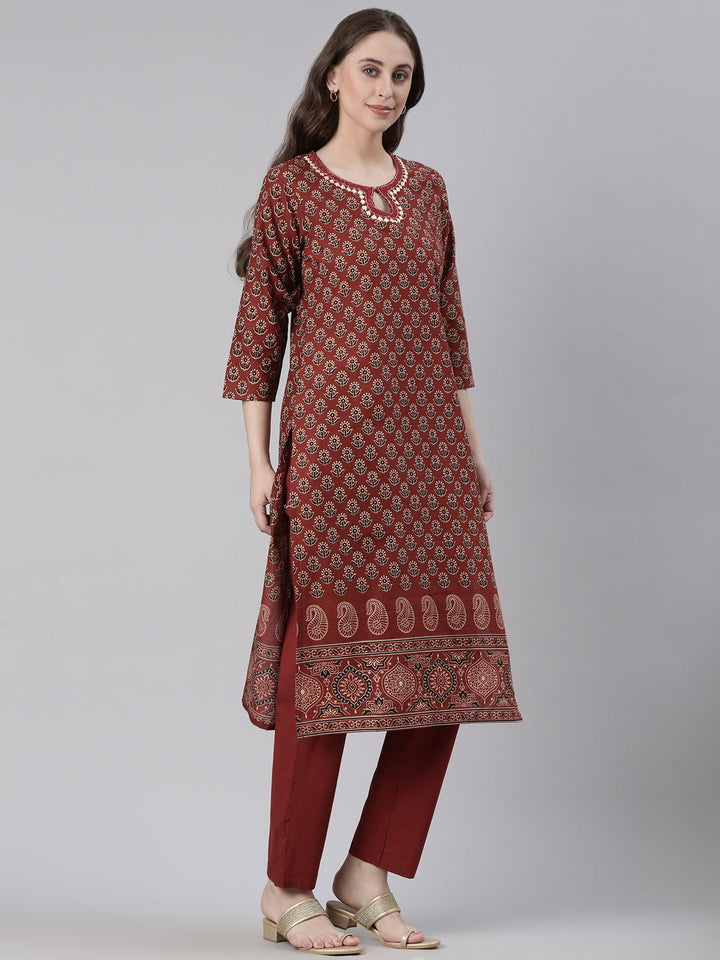 Neerus Maroon Printed Straight Kurta and Trousers