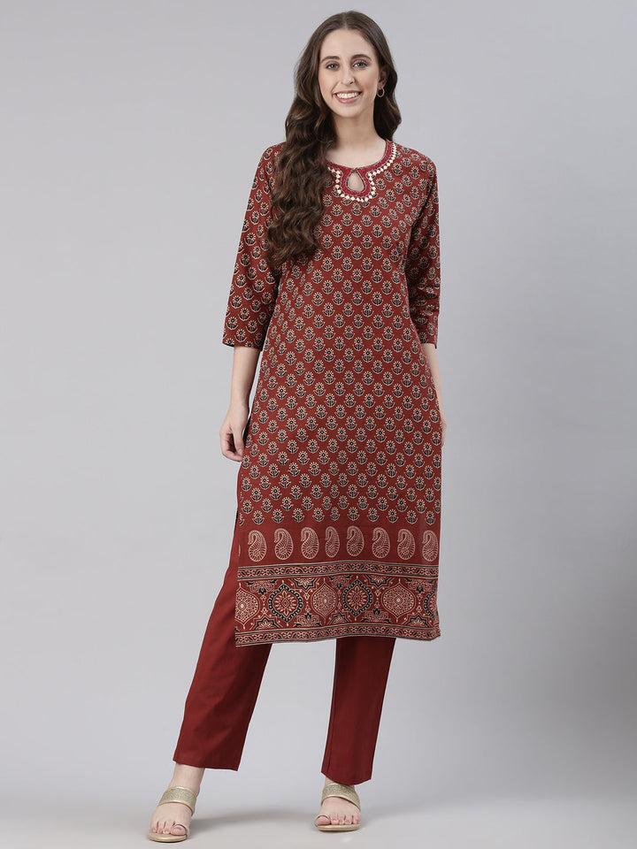 Neerus Maroon Printed Straight Kurta and Trousers