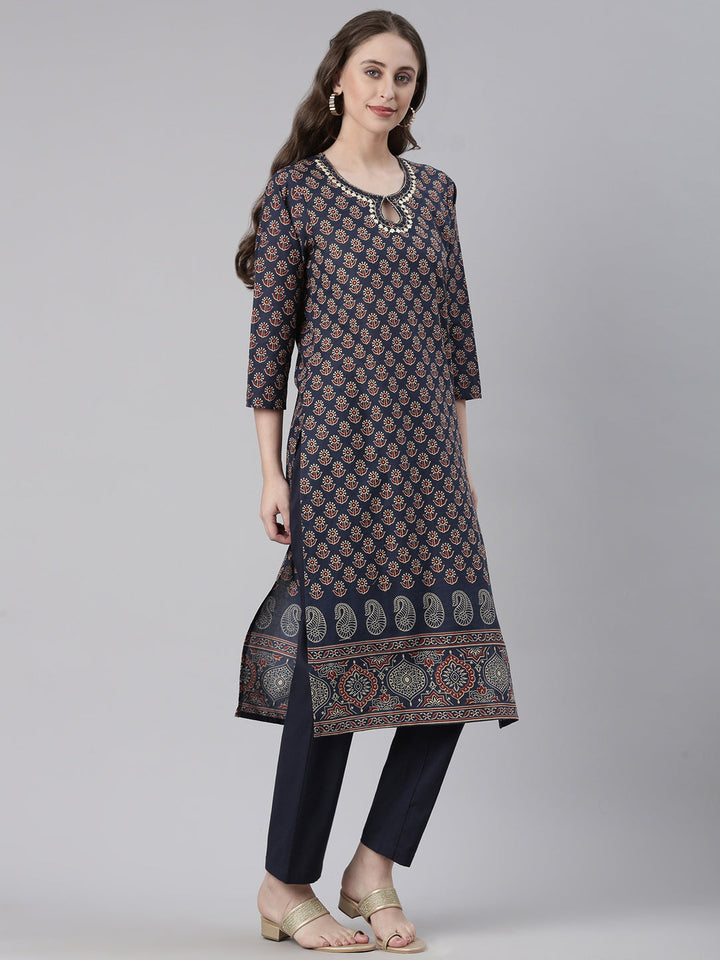 Neerus Navy Blue Printed Straight Kurta and Trousers