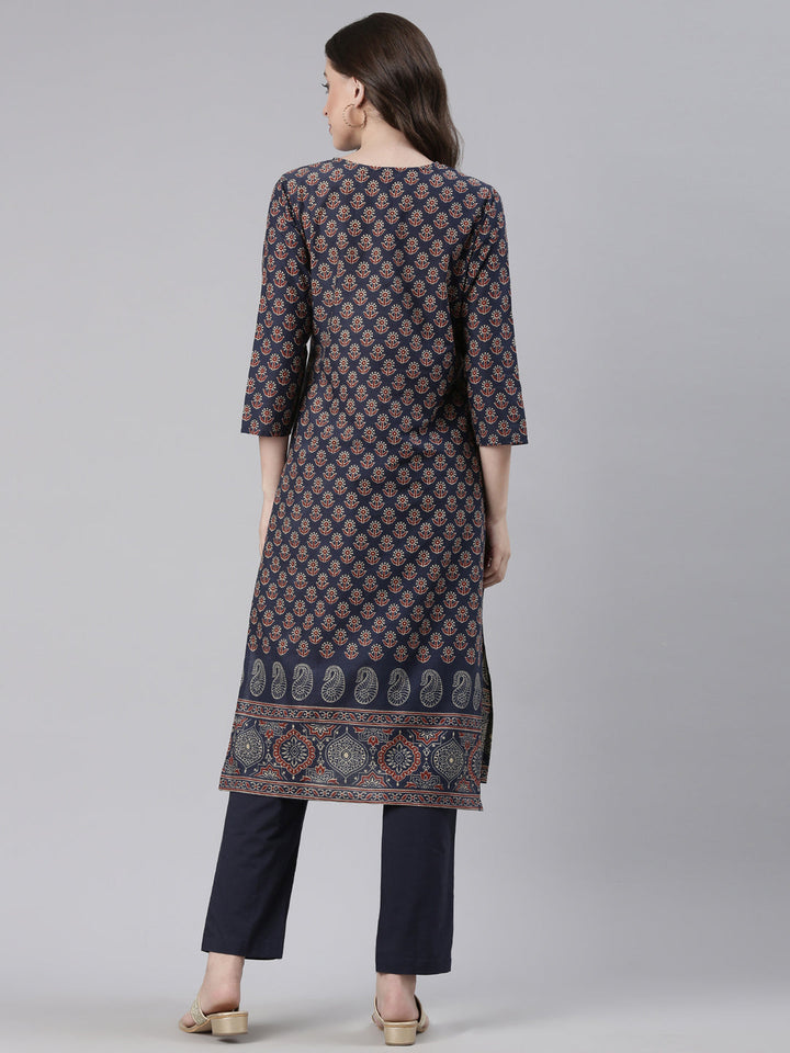Neerus Navy Blue Printed Straight Kurta and Trousers