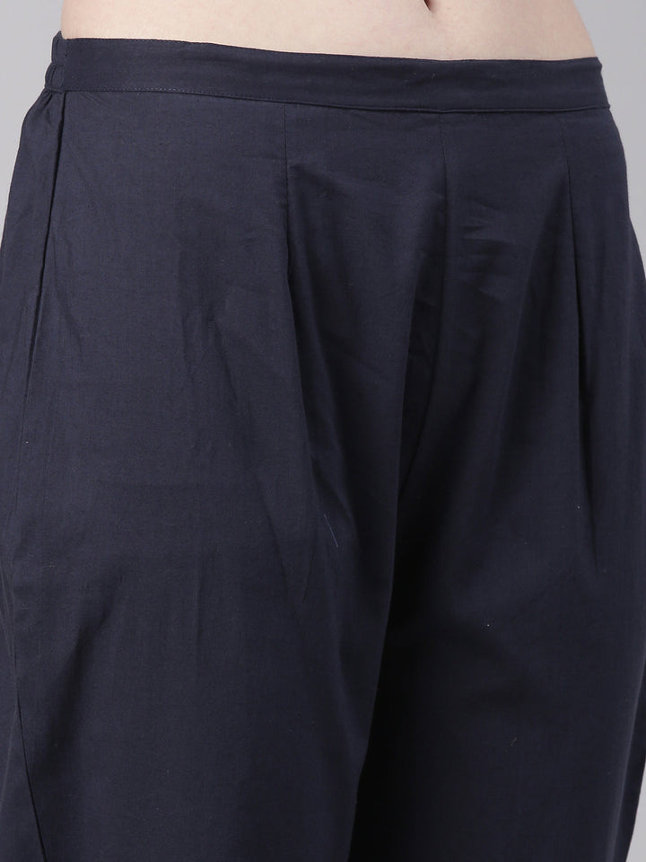 Neerus Navy Blue Printed Straight Kurta and Trousers