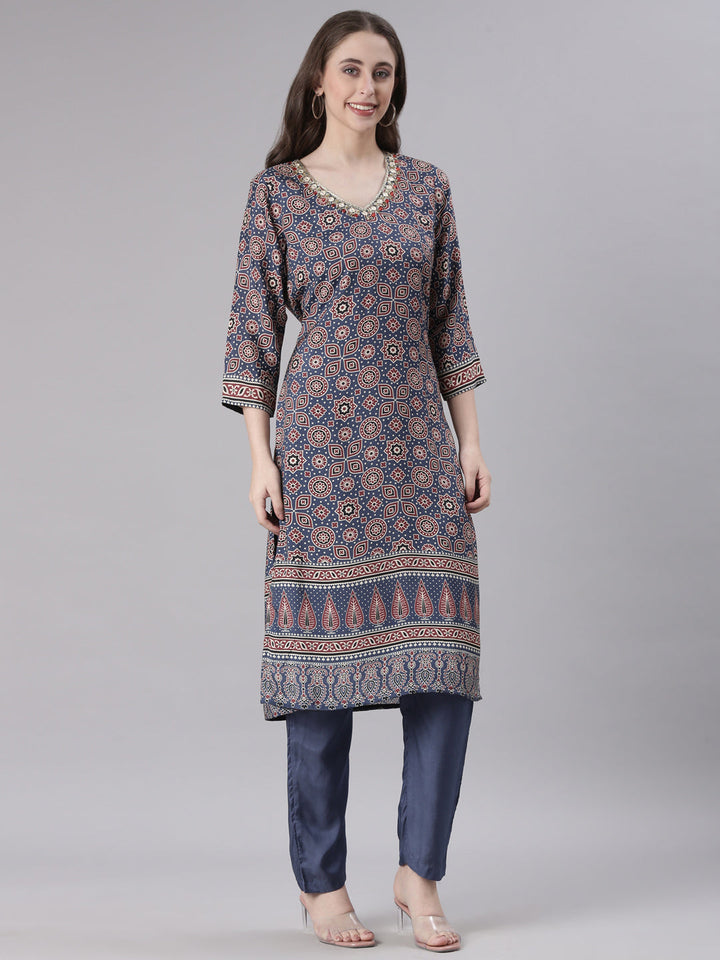 Neerus Blue Printed Straight Kurta and Trousers With Dupatta