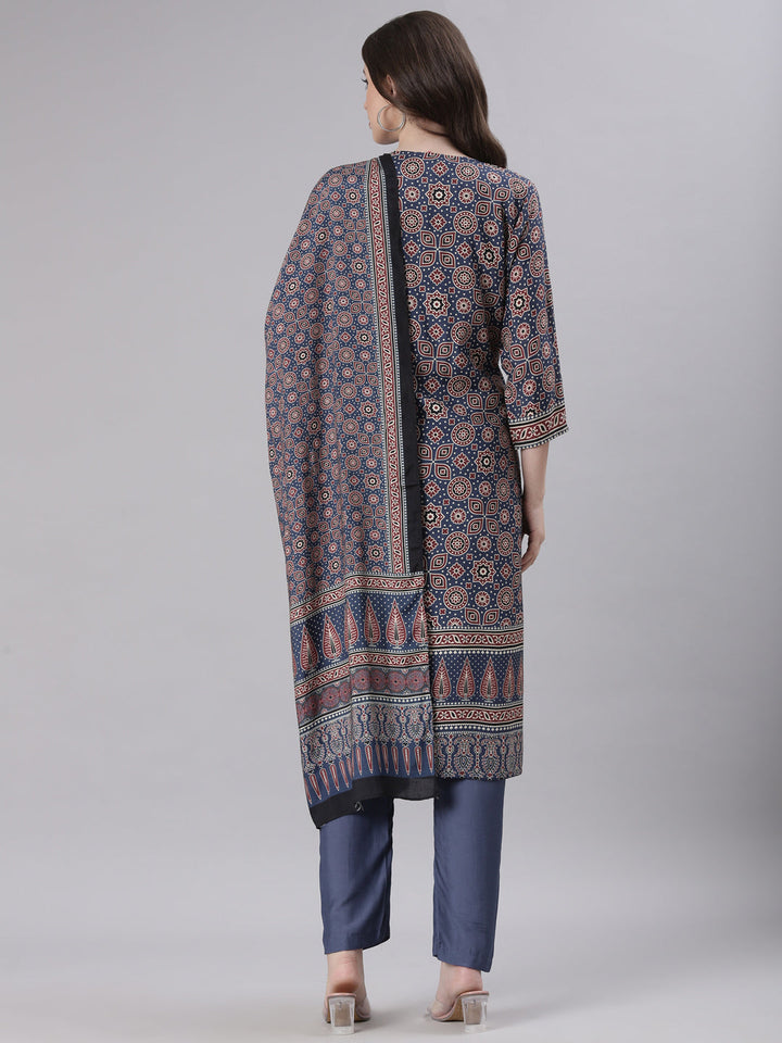 Neerus Blue Printed Straight Kurta and Trousers With Dupatta