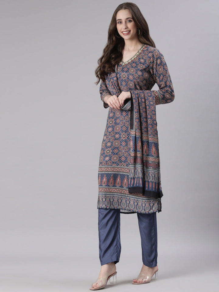 Neerus Blue Printed Straight Kurta and Trousers With Dupatta