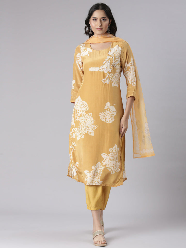 Neerus Mustard Solid Straight Kurta and Trousers With Dupatta