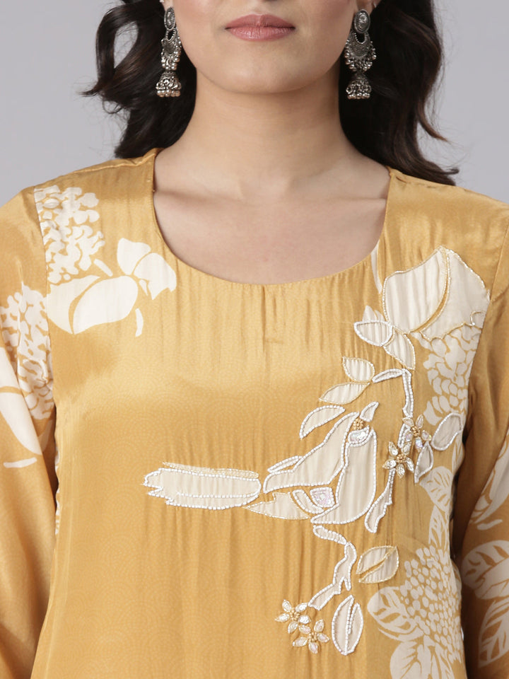 Neerus Mustard Solid Straight Kurta and Trousers With Dupatta