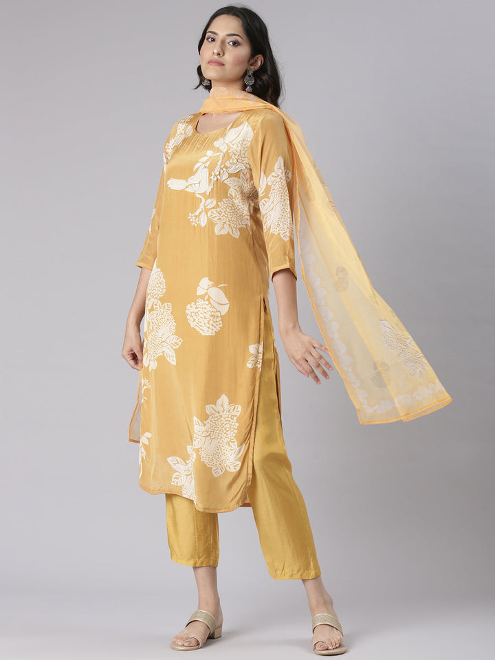 Neerus Mustard Solid Straight Kurta and Trousers With Dupatta