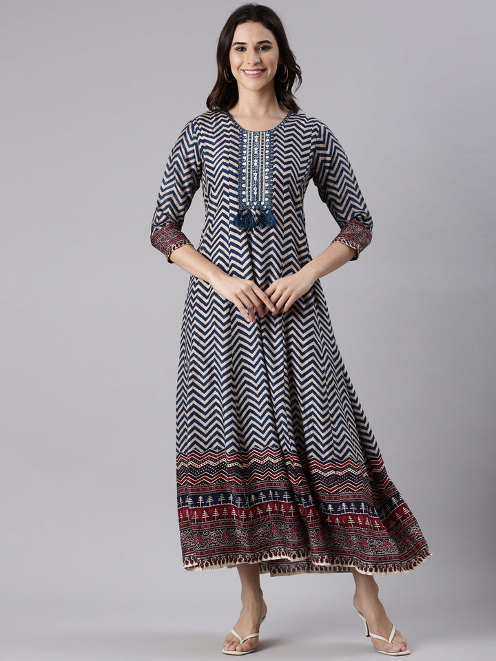 Navy Blue Silk Long Anarkali Kurta