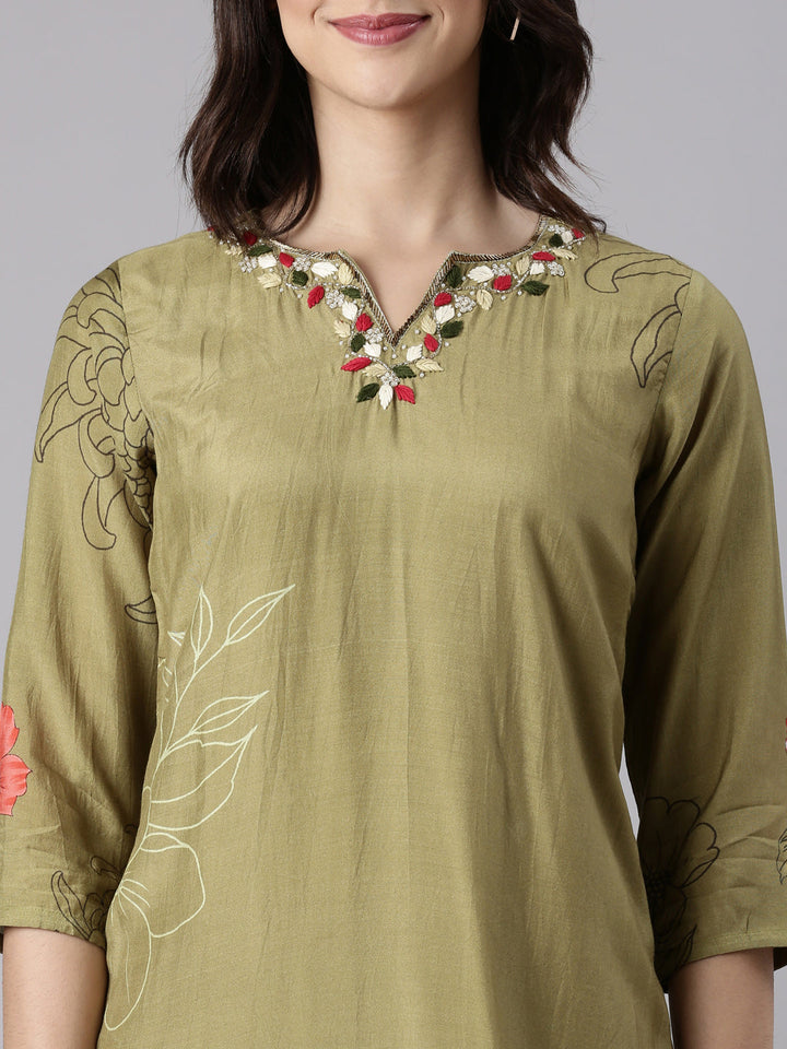 Mehadi Green Muslin Digital Print Three Piece Set