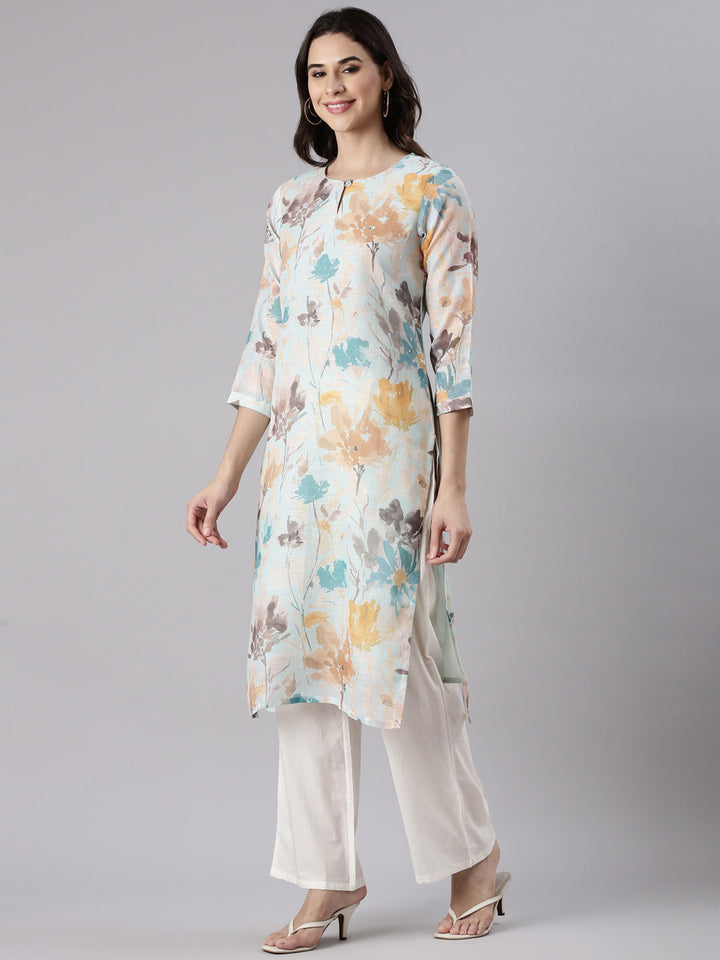 Aqua Linen Printed Kurta