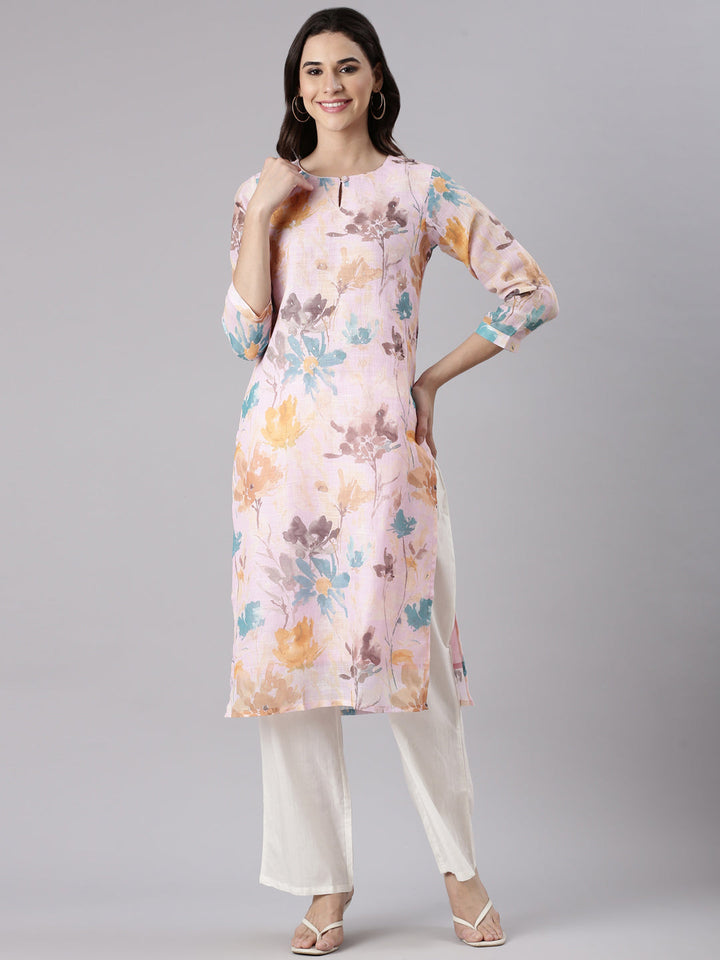 Baby Pink Linen Printed Kurta