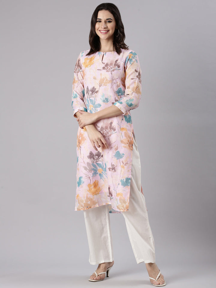Baby Pink Linen Printed Kurta