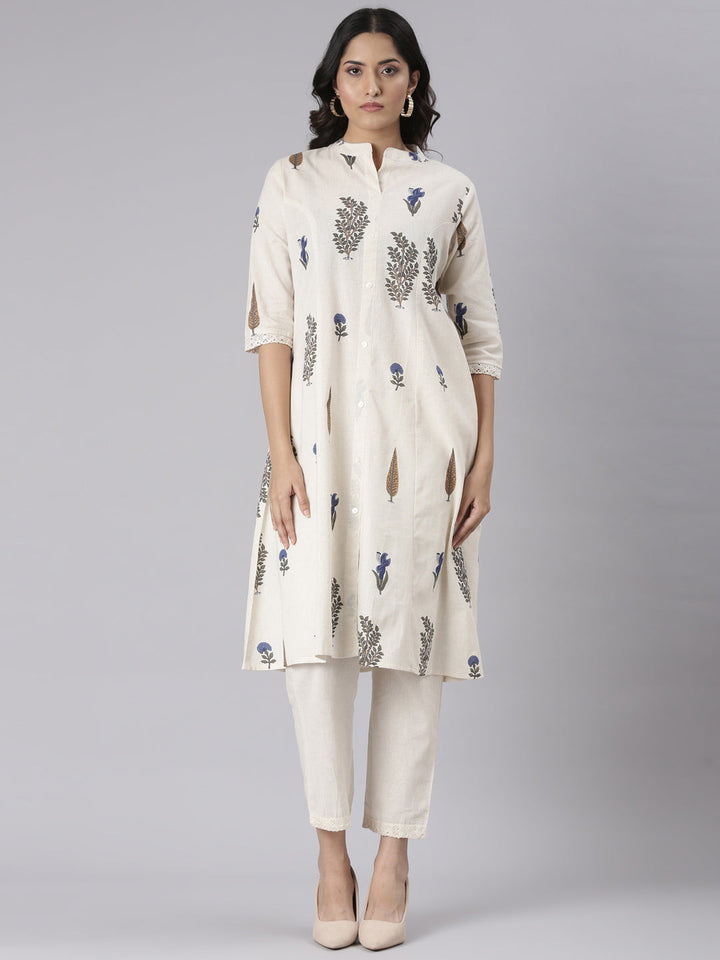 Neerus Cream Solid Straight Kurta and Trousers