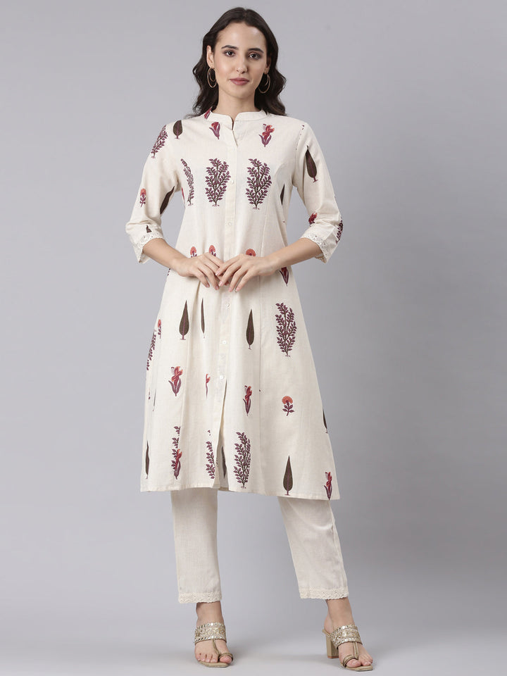 Neerus Beige block printed kurta set - detail view 2