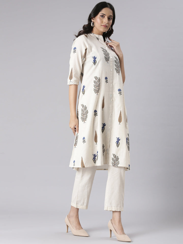 Neerus Cream Solid Straight Kurta and Trousers