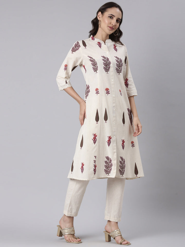 Neerus Beige block printed kurta set - back view