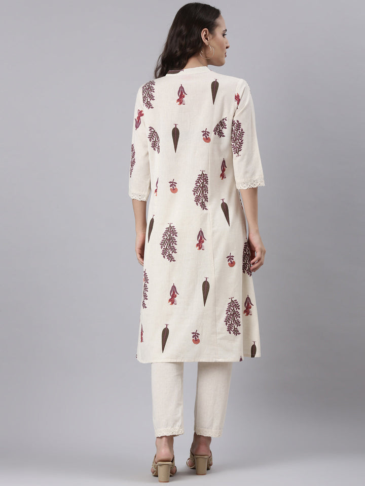 Neerus Beige block printed kurta set - side view