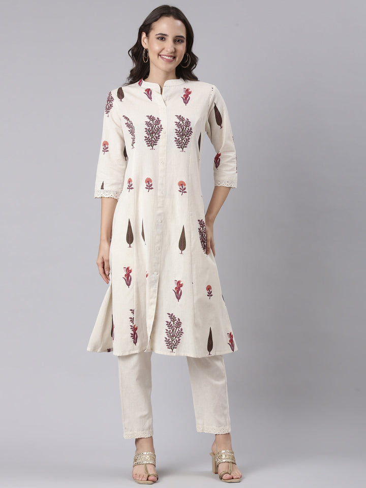 Neerus Beige block printed kurta set - front view