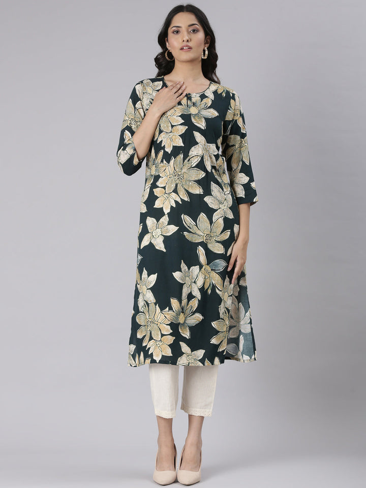 Neerus Green Casual Floral Straight Kurtas