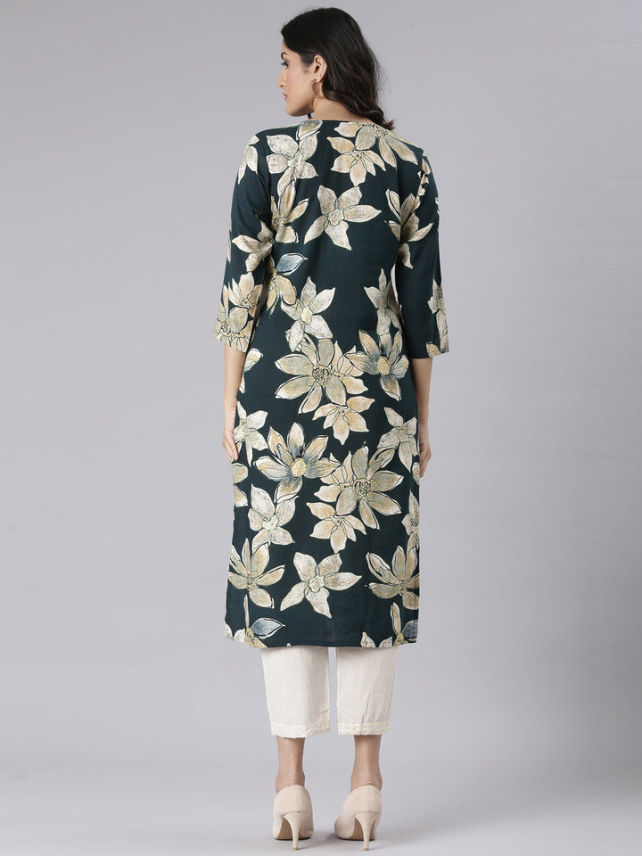 Neerus Green Casual Floral Straight Kurtas