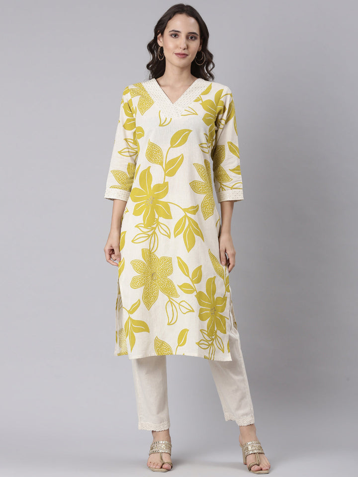 Neerus Green cotton block printed kurta set - front view