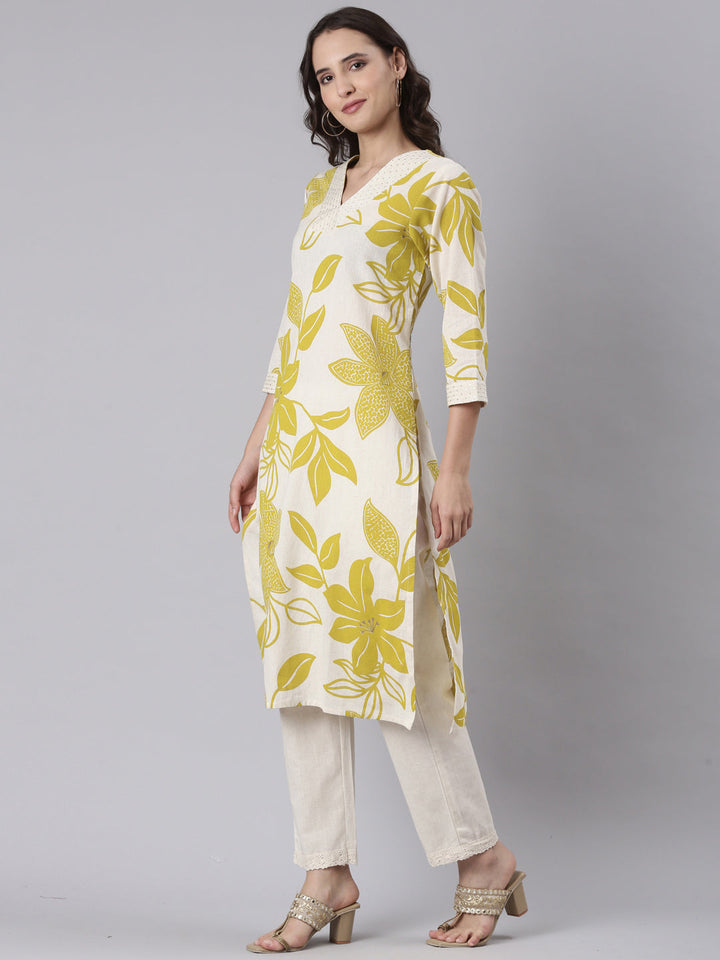 Neerus Green cotton block printed kurta set - back view