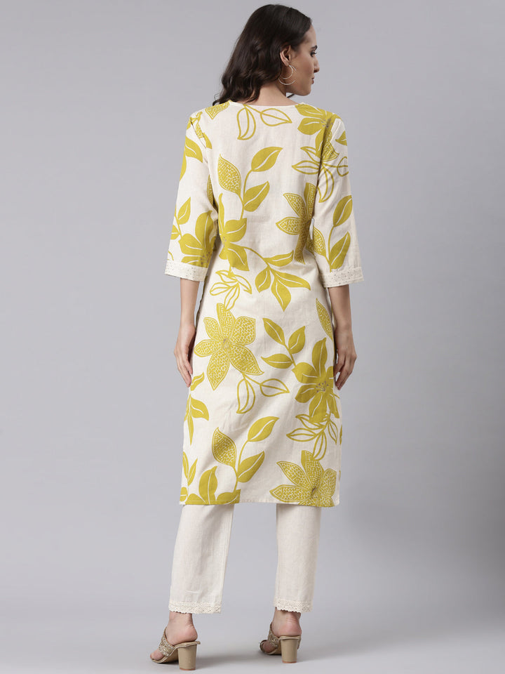 Neerus Green cotton block printed kurta set - side view