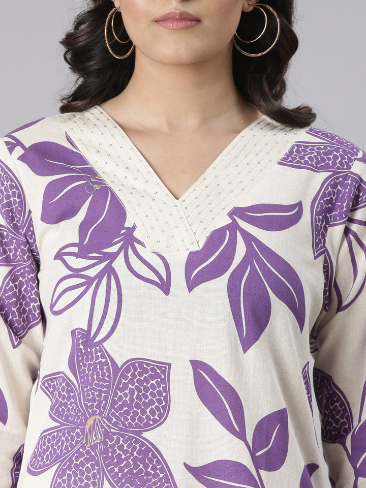 Neerus Purple Printed Straight Kurta and Trousers