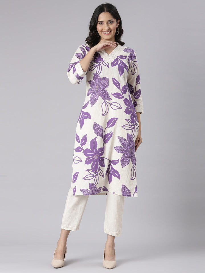 Neerus Purple Printed Straight Kurta and Trousers