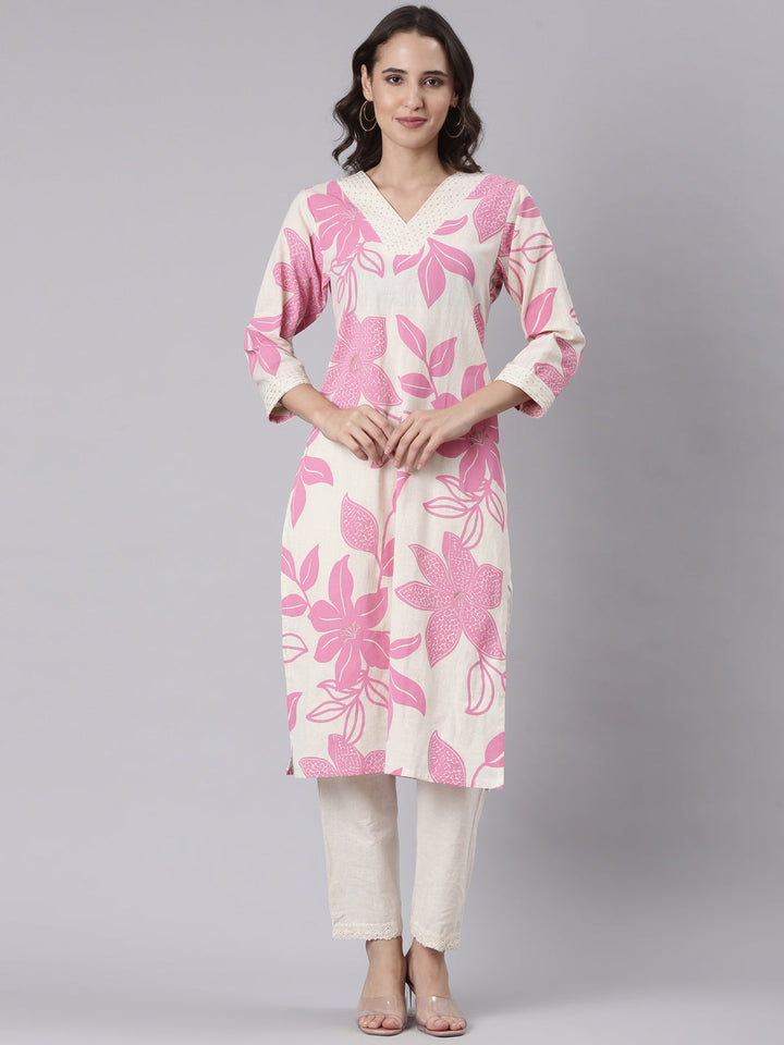 Neerus Pink block printed kurta set - front view