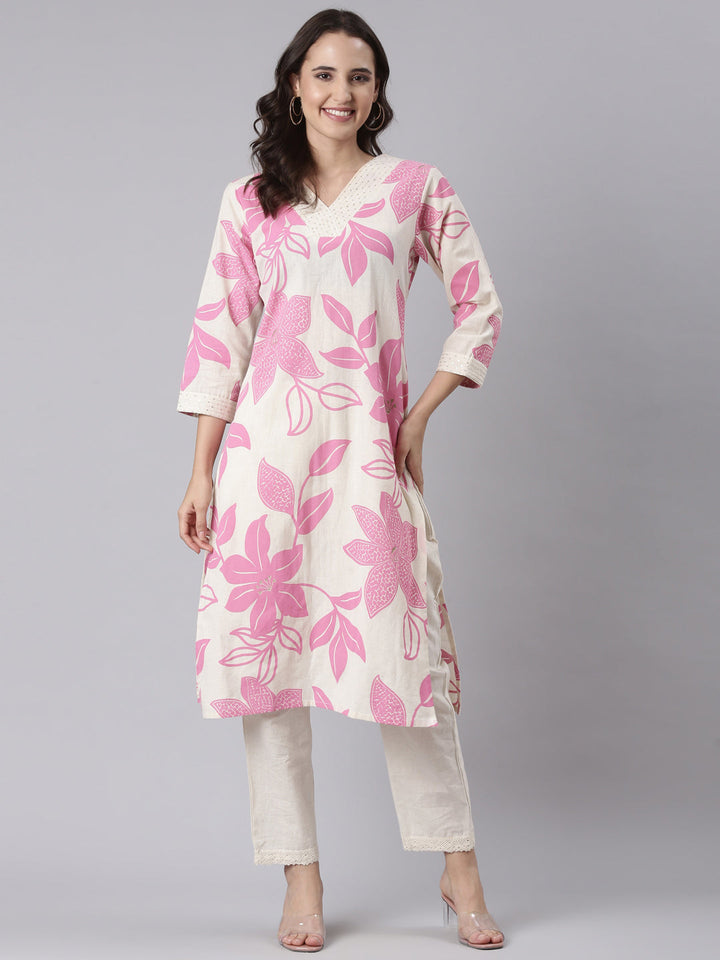 Neerus Pink block printed kurta set - detail view 2