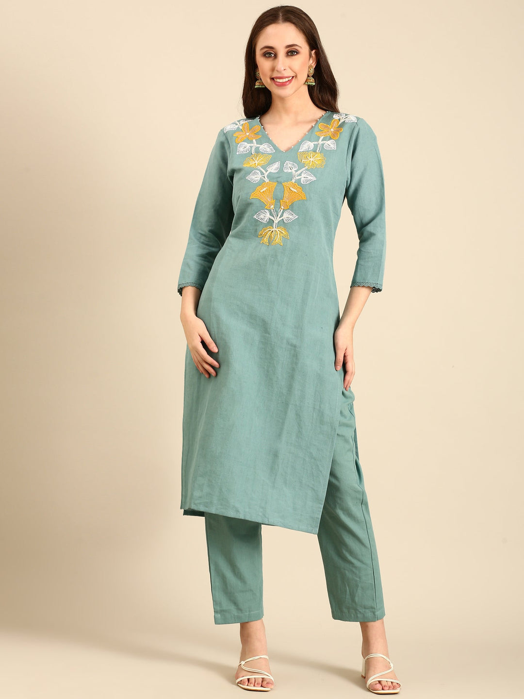 Neerus Green linen thread embroidered suit set - front view